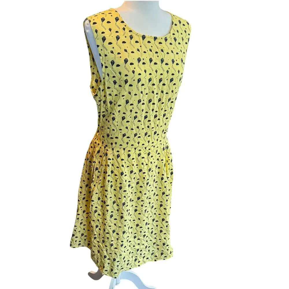 Circus Yellow Kite Print Sleeveless Dress 100% Rayon Made in India UK 20
